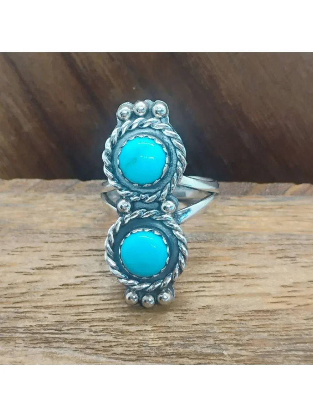 Southwest Sterling Silver Double Kingman Turquoise Stone Ring Size 7